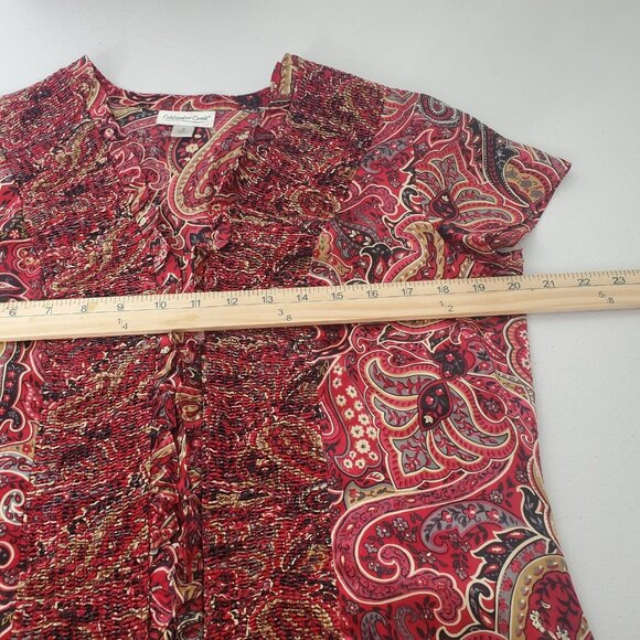 Coldwater Creek Womens 100% Silk Red Paisley Blouse Size M Smocked Old Money - Picture 6 of 8